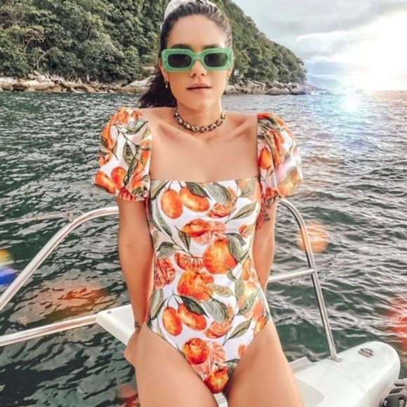 Other - New White with Orange🍊 Print Puff Sleeve Square Neck Onepiece Swimsuit